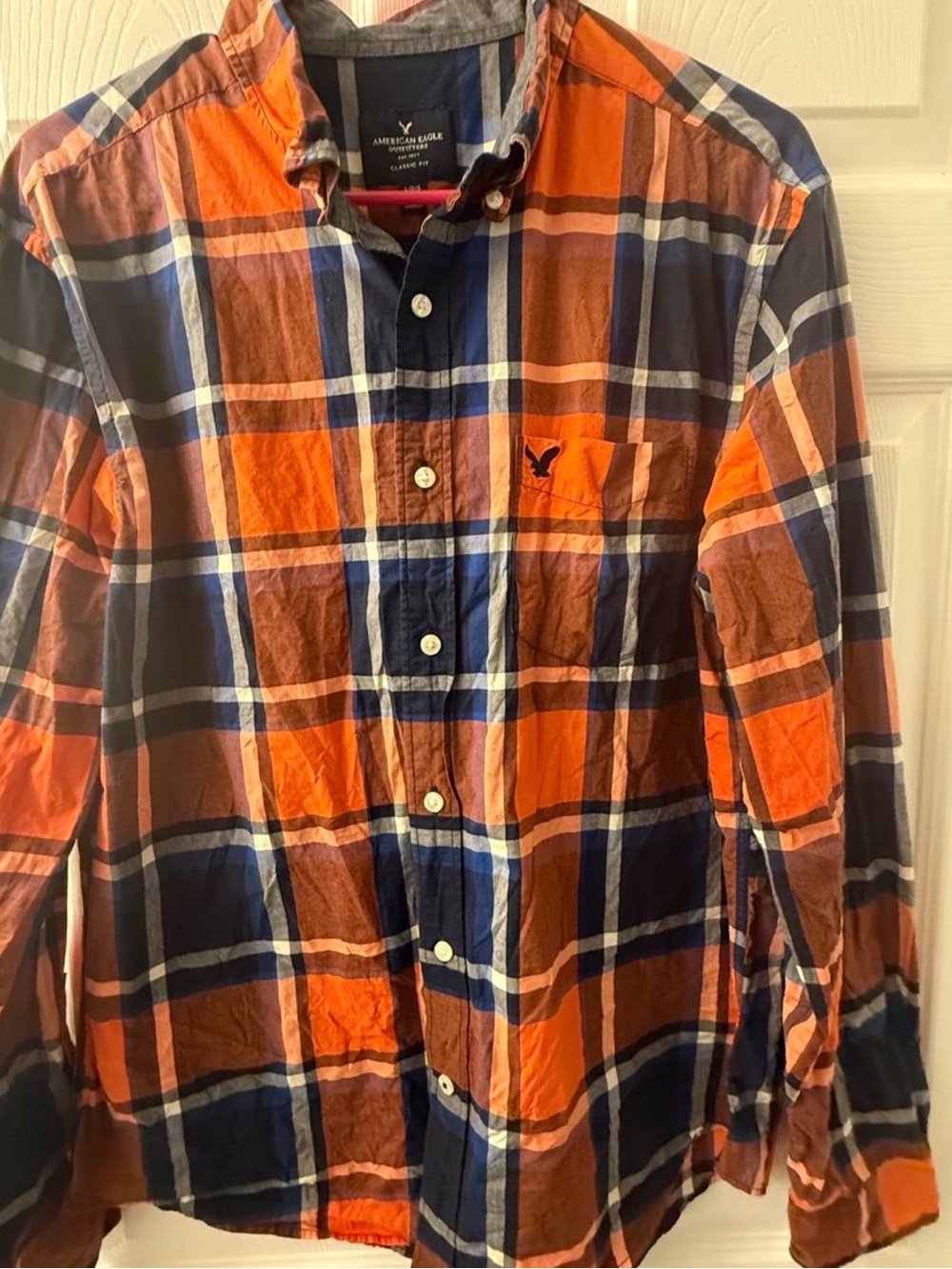 American Eagle Outfitters Men’s Orange & Navy Plaid Button-Down Shirt - Size L